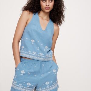 Banana Republic NWT Embroidered Tencel Linen Cross Back Tank Blue L